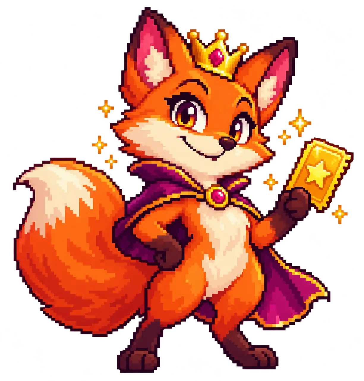 Pixel-art fox mascot holding a prize ticket